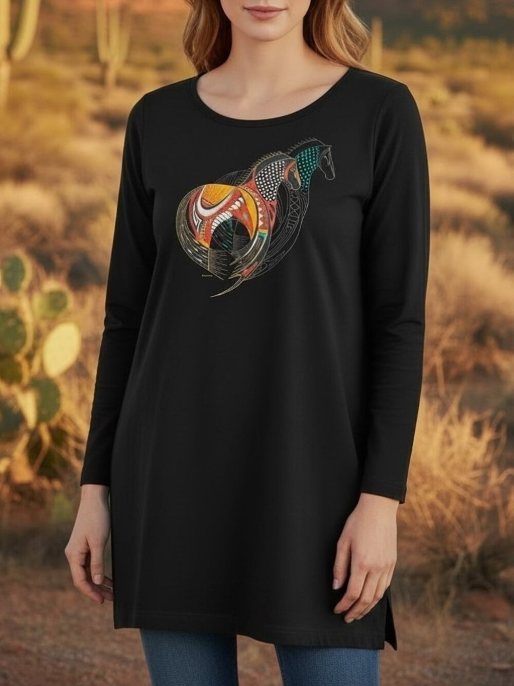 Sabaku Black Horse Graphic Cotton Tunic Top XL Southwestern Native Art USA Made